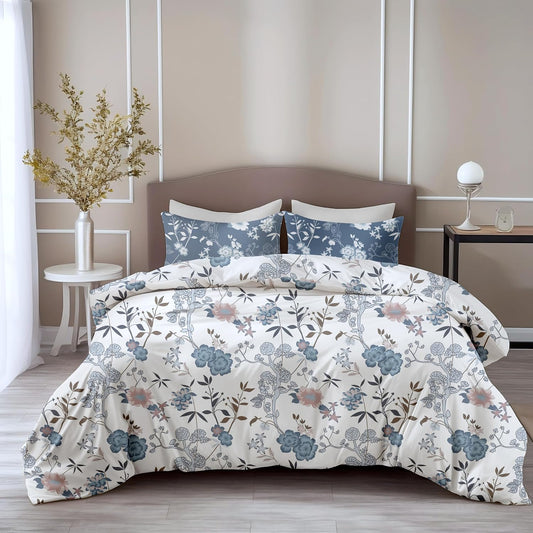 Loreto Cotton Double Bedsheet | Dusty Blue & Blush Garden Soft & Breathable
