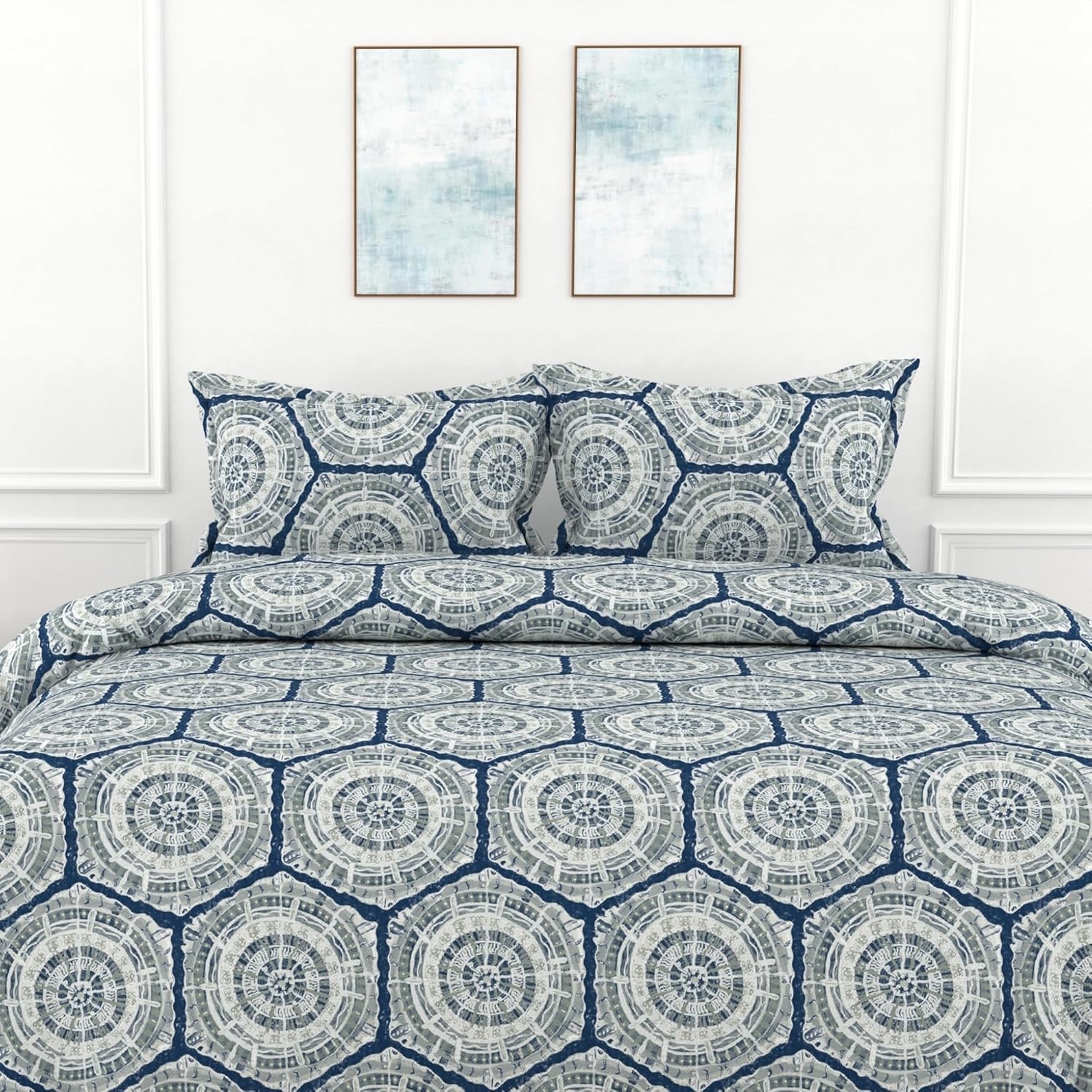 Grey and Blue 100% Cotton Flat King Bedsheet, 144 TC
