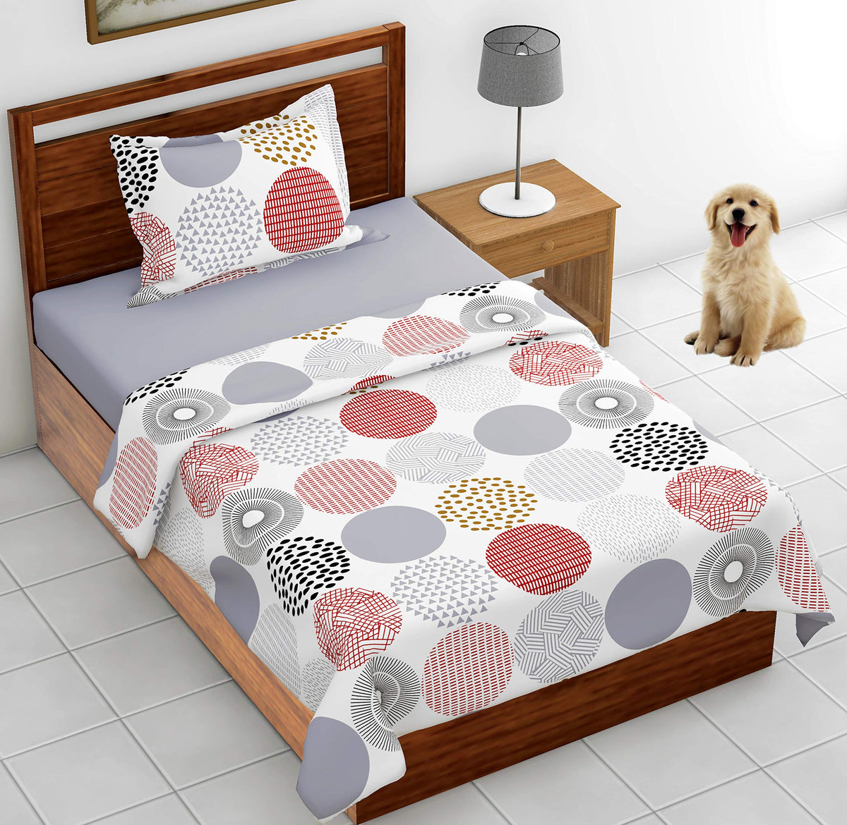 Loreto Cotton Single Bedsheet | Red and Black Geometric Circle