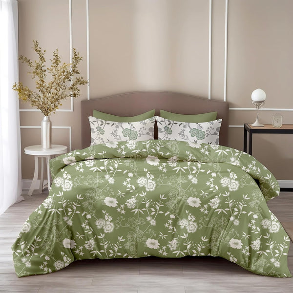 Loreto Cotton Double Bedsheet | Olive Green Floral Elegance Soft & Breathable