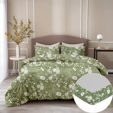 Olive Green Floral 100% Cotton Double Fitted Bedsheet with 2 Pillow Covers, 144 TC, 78 x 60 Inches