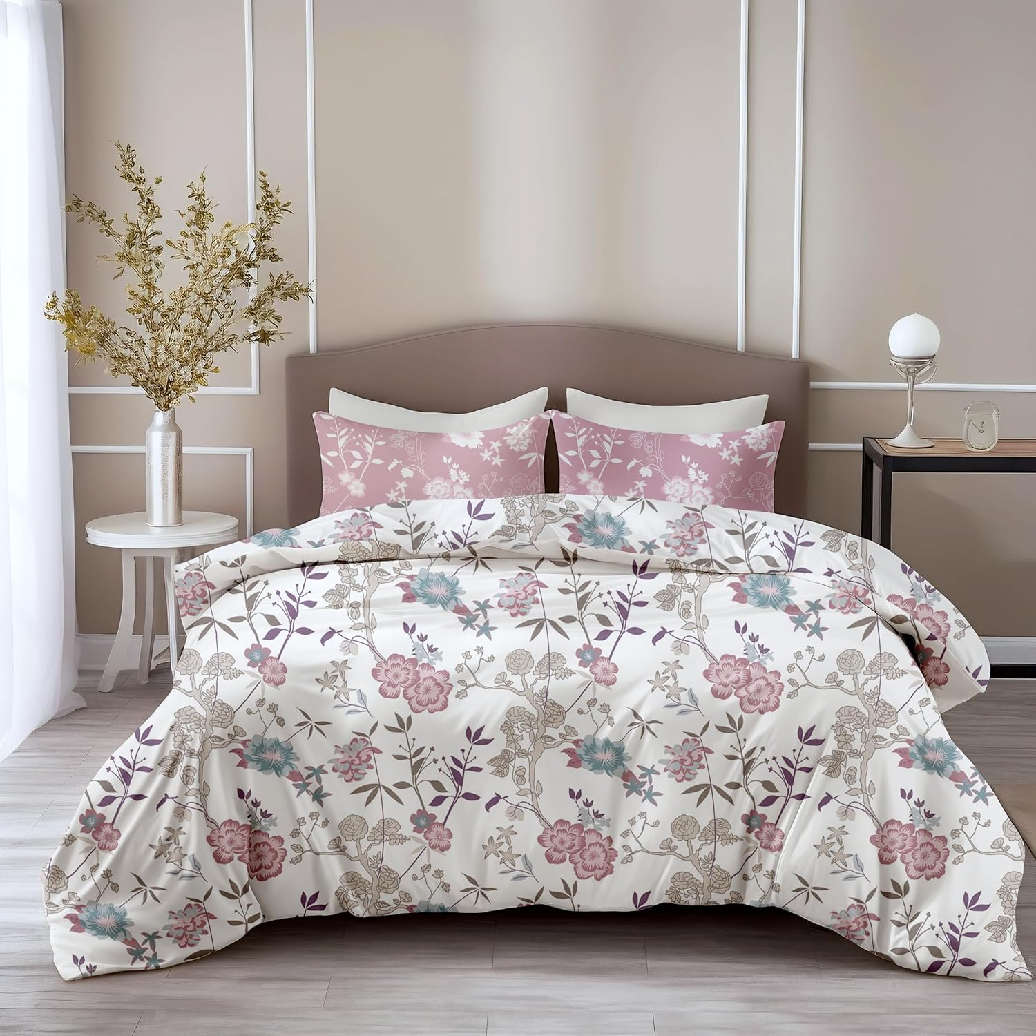 Loreto Cotton Double Bedsheet | Blush Pink & Teal Blooms Soft & Breathable