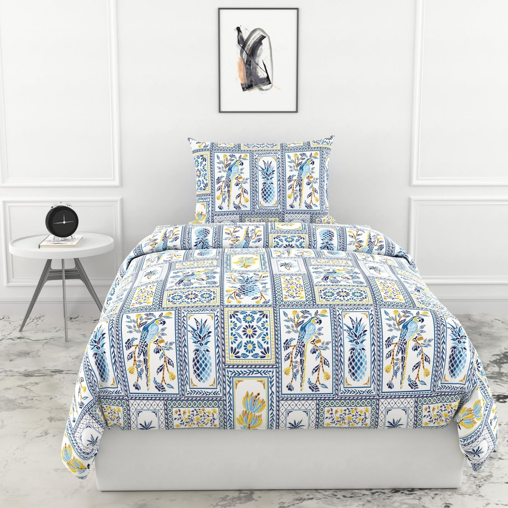 Loreto Cotton Single Pillow Cover | Royal Parrot Flora Print Blue 100% Pure Cotton Bed Sheet with | Soft & Breathable | 54 x 84 Inches, 144 TC