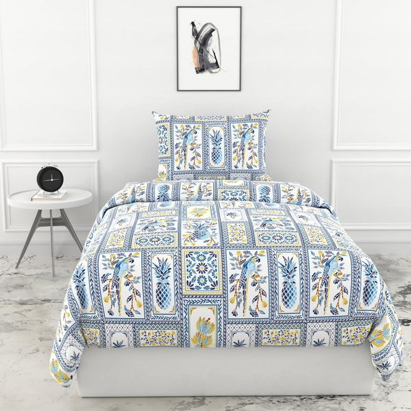 Loreto Cotton Single Pillow Cover | Royal Parrot Flora Print Blue 100% Pure Cotton Bed Sheet with | Soft & Breathable | 54 x 84 Inches, 144 TC