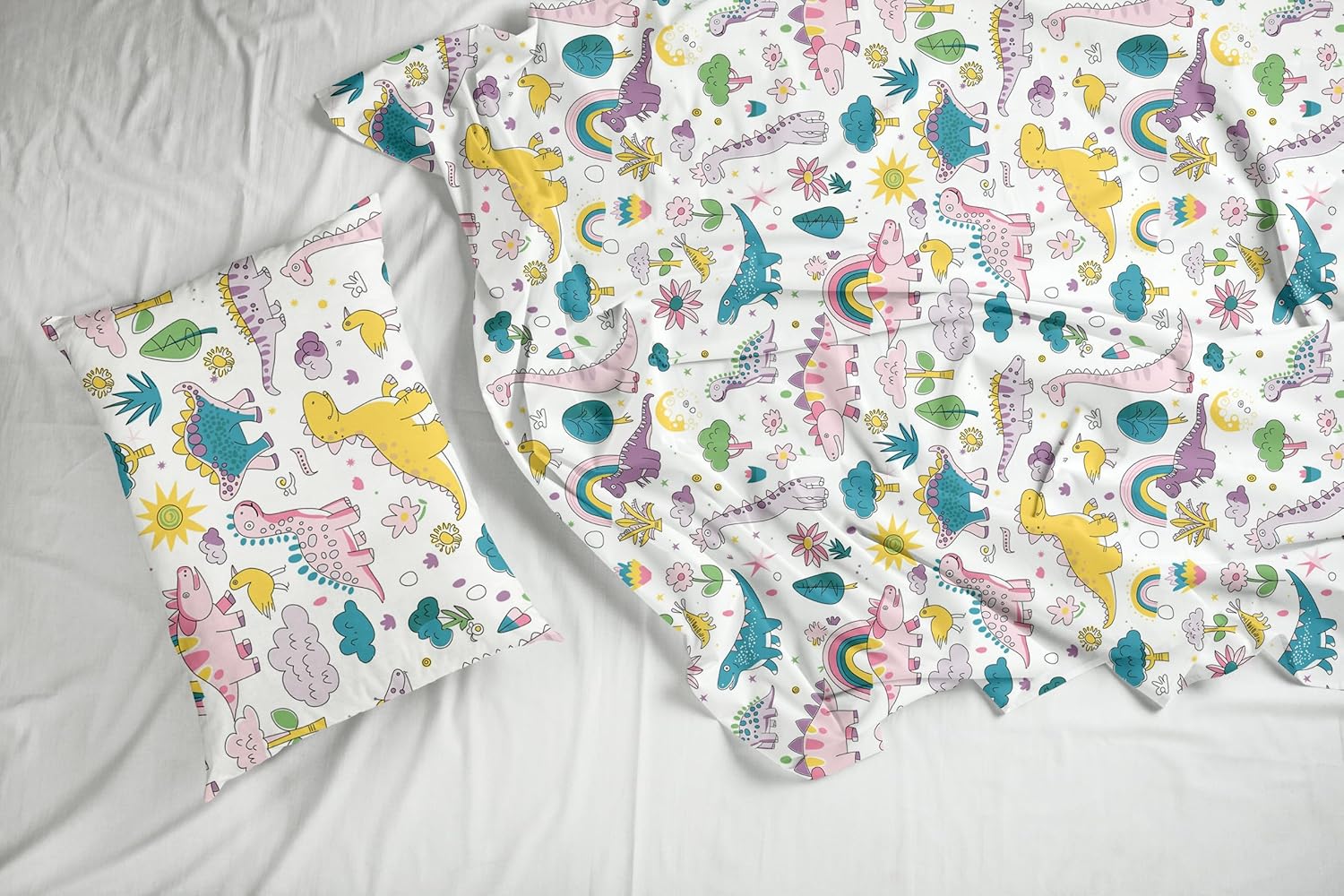 Rainbow Dino Fun Soft & Breathable 100% Cotton Flat King Bedsheet, 144 TC
