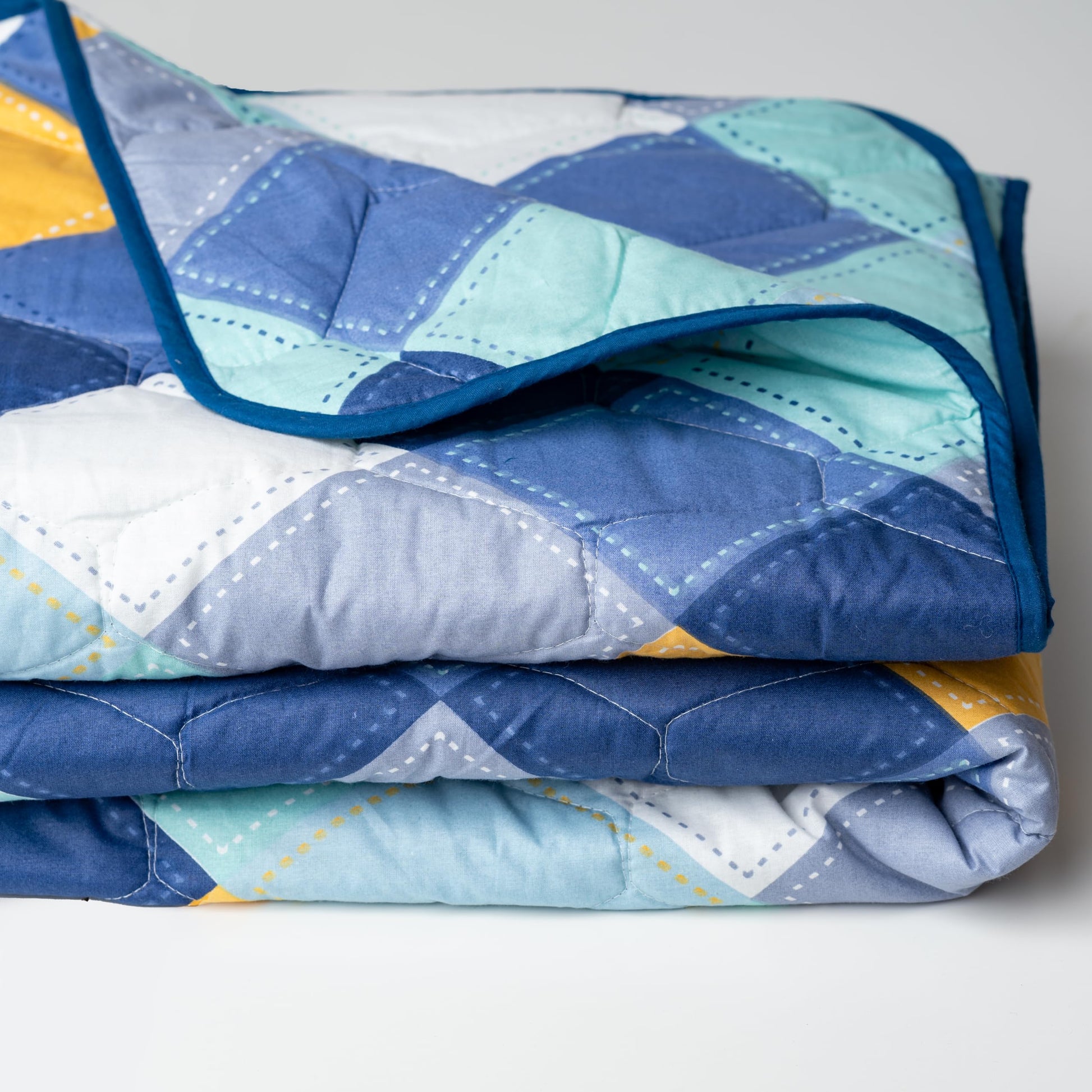 Vivid Blue & Yellow Checkered 100% Cotton Reversible Comforter for Single Bed | 150 GSM Lightweight Winter Quilt | AC Blanket 54" x 84"