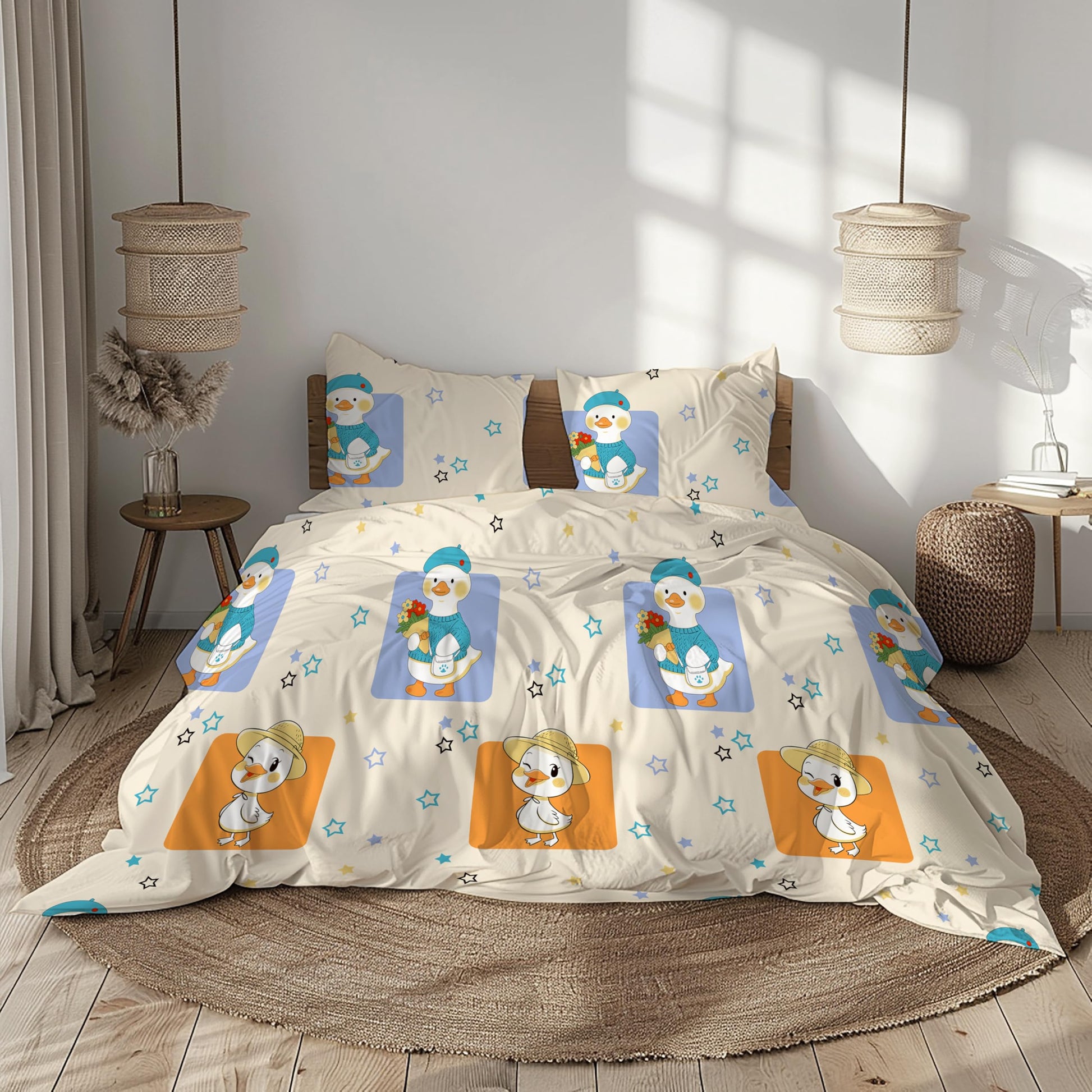 Playful Ducks on Creamy Beige 186 TC Cotton Double Bedsheet, 90 x 90 Inches — Soft Percale Weave with 2 Pillow Covers, Durable & Breathable