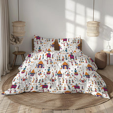 Multicolor Tribal Motifs on Crisp White 186 TC Cotton Double Bedsheet, 90 x 90 Inches — Soft Percale Weave with 2 Pillow Covers, Durable & Breathable