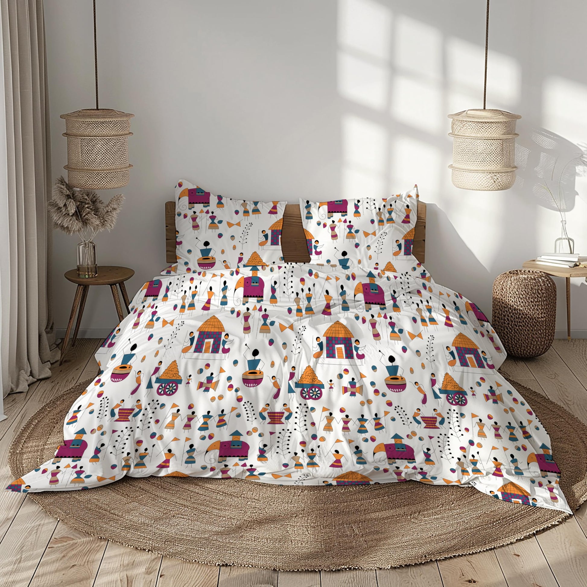 Multicolor Tribal Motifs on Crisp White 186 TC Cotton Double Bedsheet, 90 x 90 Inches — Soft Percale Weave with 2 Pillow Covers, Durable & Breathable