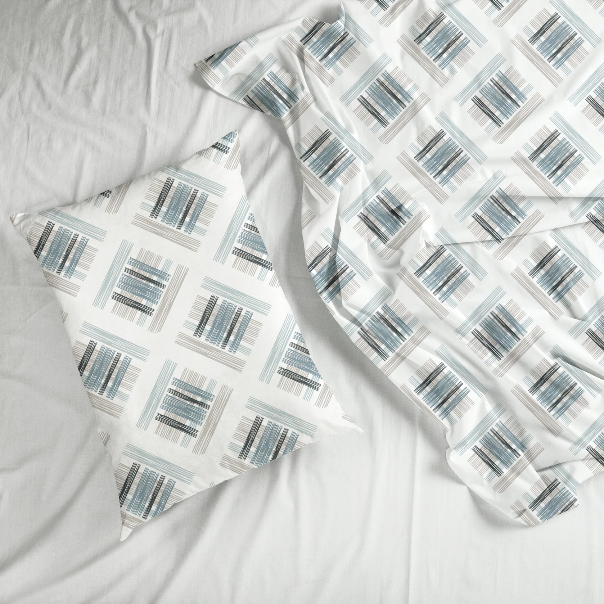 Mist & Charcoal Grid 100% Pure Cotton Bedsheet for Single Bed | 186 TC Soft & Breathable Flat Sheet with Pillow Cover | 58 x 88 Inches