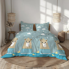 Aqua Blue Bear & Duck Parade 186 TC Cotton Double Bedsheet, 90 x 90 Inches — Soft Percale Weave with 2 Pillow Covers, Durable & Breathable