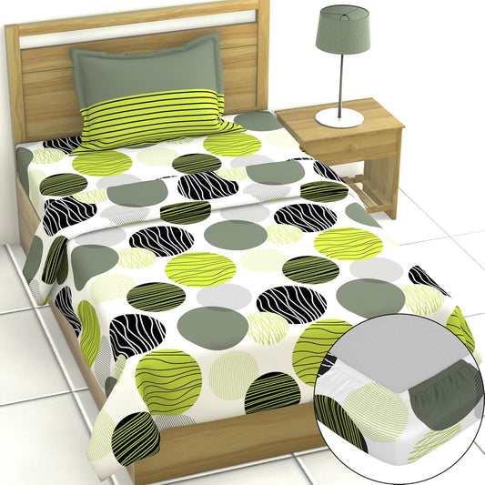 Loreto Cotton Single Fitted Bedsheet | Olive Green & Black Circles