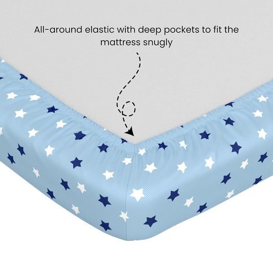 Nile Blue Stars 100% Cotton Double Fitted Bedsheet, 144 TC