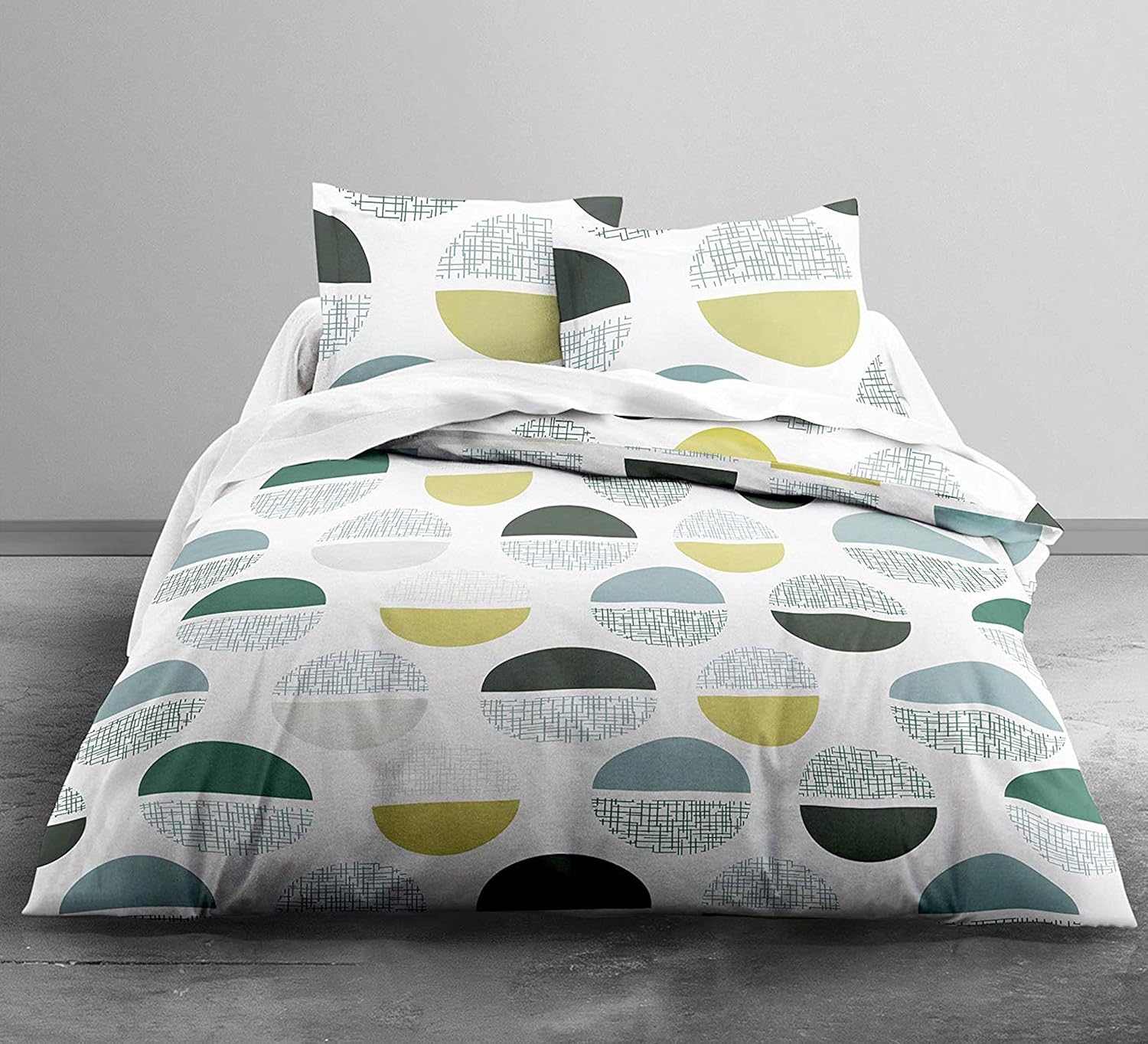 Muted Grey and Lime Circle Design 100% Cotton Flat King Bedsheet, 144 TC