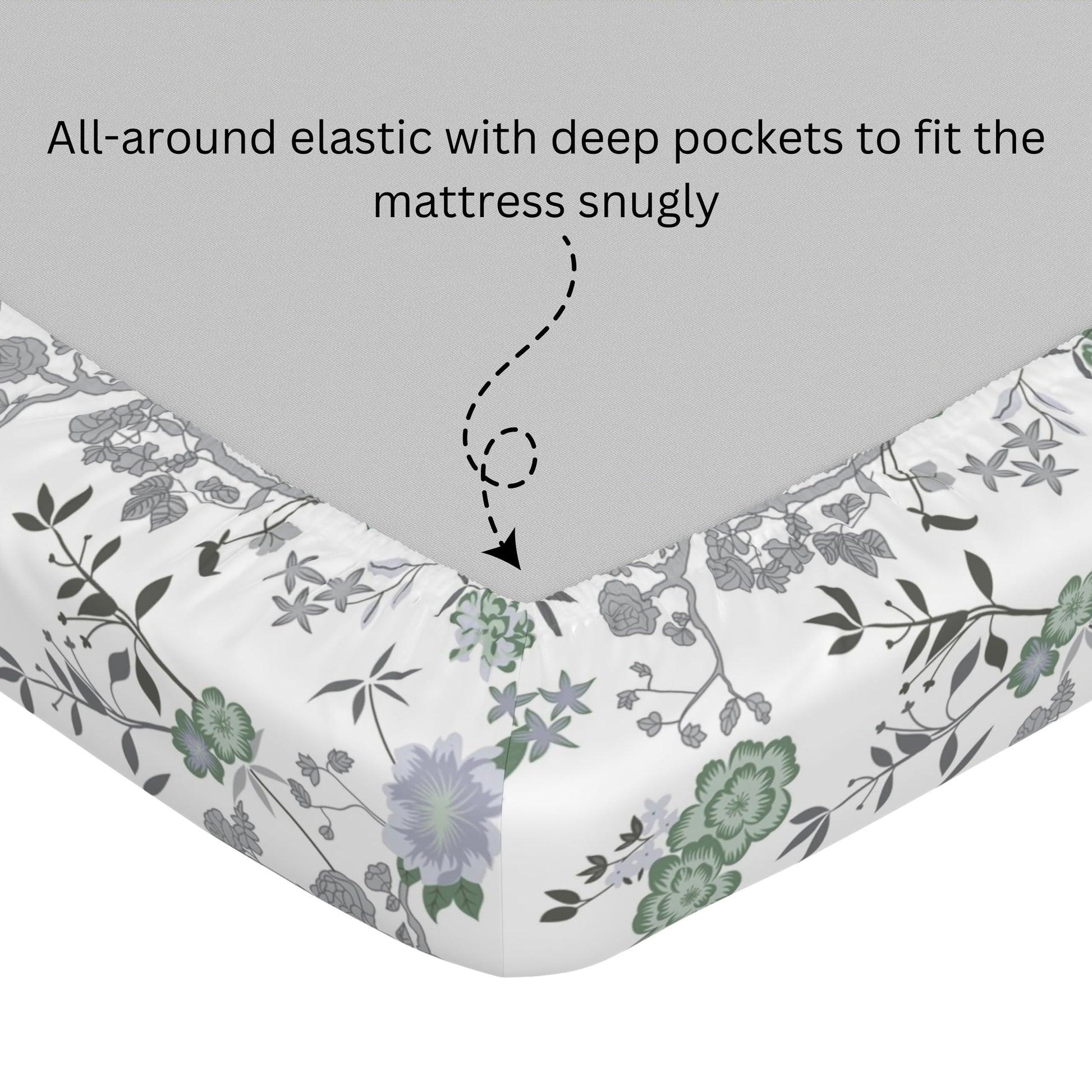 Green & Silver Blooms 100% Cotton Double Fitted Bedsheet with 2 Pillow Covers, 144 TC, 78 x 60 Inches