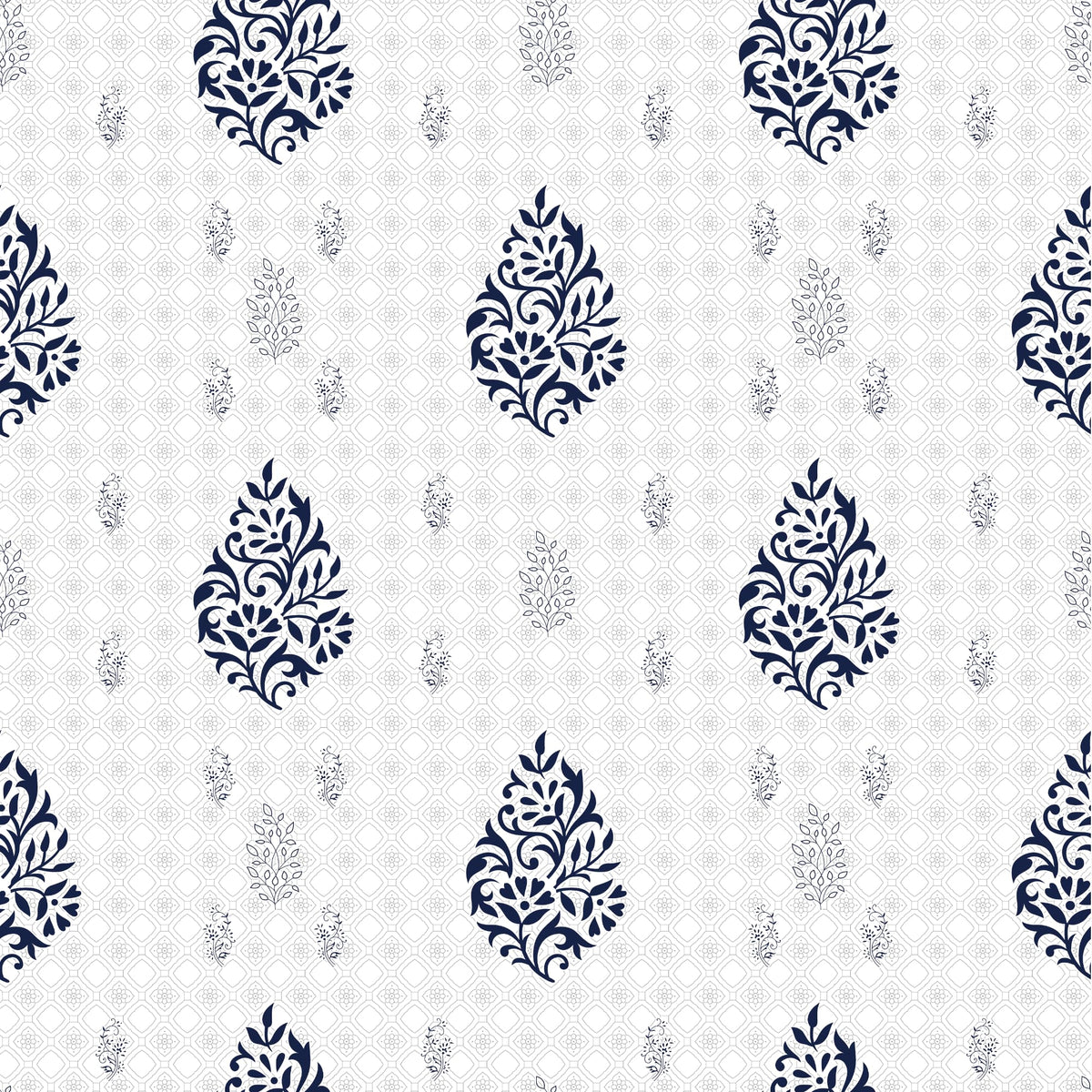 Navy Blue Floral Motif 186 TC Cotton King Size Elastic Fitted Bedsheet with 2 Pillow Covers - 78 x 72 Inches