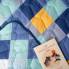 Vivid Blue & Yellow Checkered 100% Cotton Reversible Comforter for Single Bed | 150 GSM Lightweight Winter Quilt | AC Blanket 54