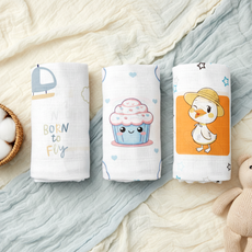 Loreto Baby Muslin Swaddle Combo Pack of 3 | 100% Cotton | Born To Fly, Cupcake & Little Duck